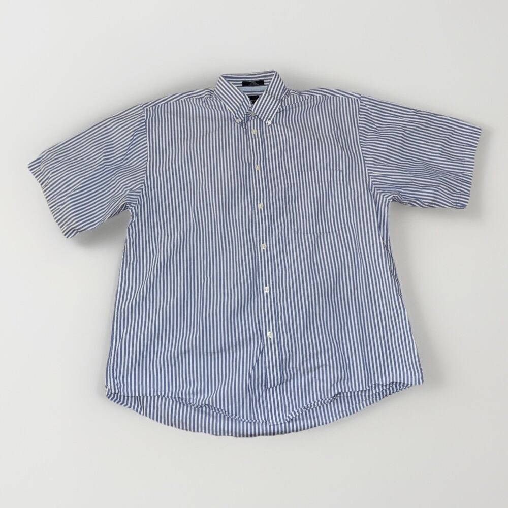 Vintage Arrow Vertical Striped Short Sleeve Button Up Shirt Large Blue 23x26